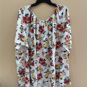 3X Blair White and Red Ruffled 3/4 Sleeve Blouse